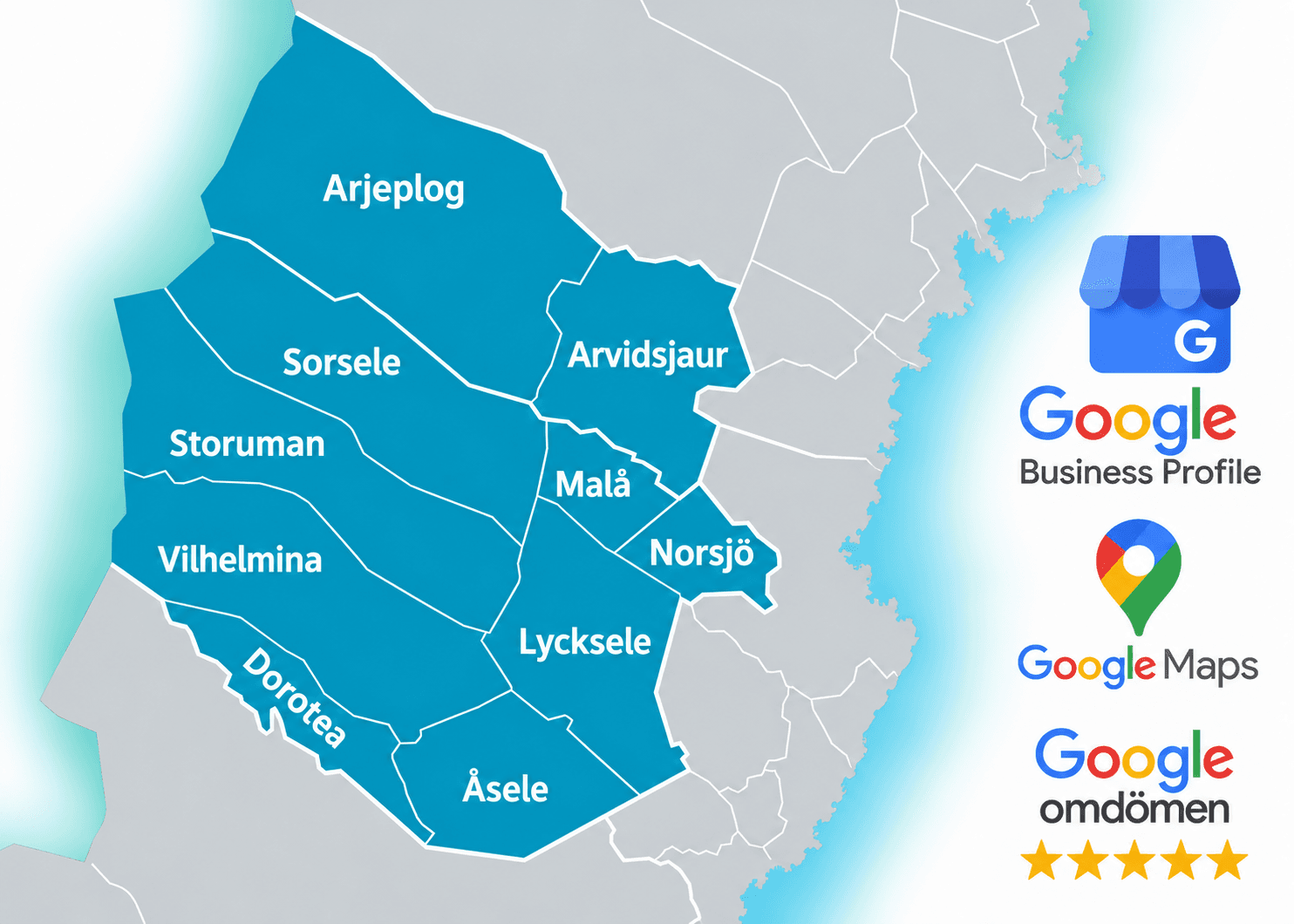 Karta över de tio kommunerna i Region 10 samt logotyper för Google Företagsprofil, Google Maps och Google-omdömen.